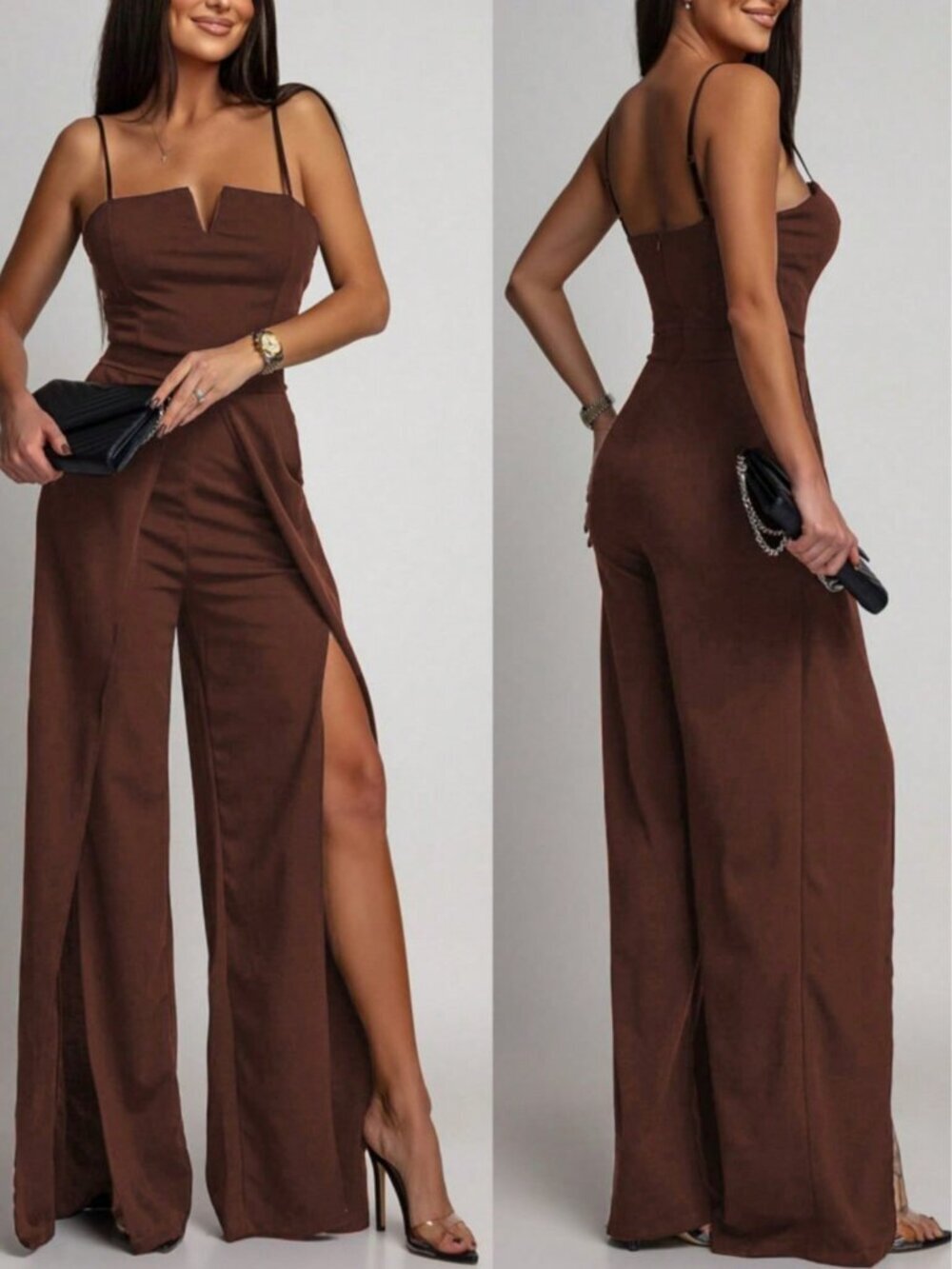 Coffee Brown Elegant Women's Asym Straight-Leg Pant Jumpsuit,